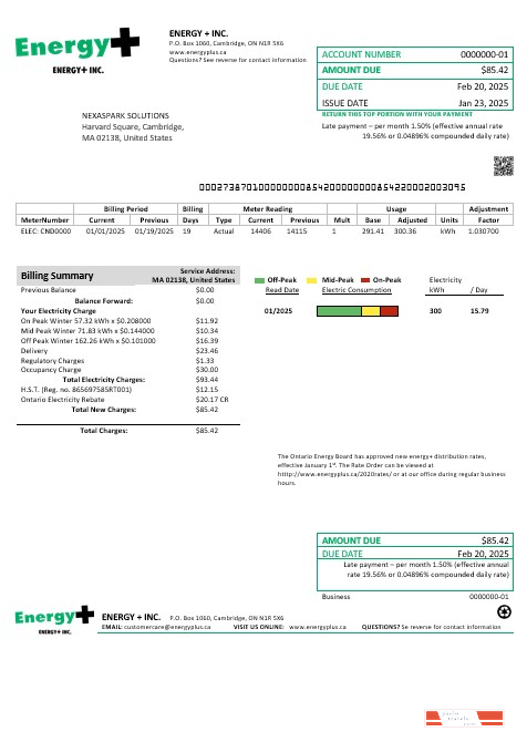 USA Massachusetts Energy Plus electricity business utility bill template in Word and PDF formats